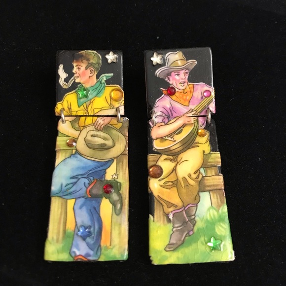 Vintage DFTD decoupage cowboy earrings- Designs from the Deep - Picture 1 of 4